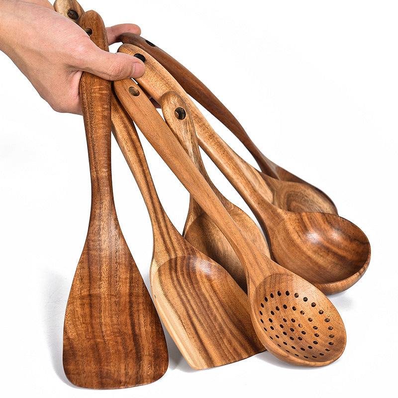 Ensemble d'ustensiles de cuisine en cuillère en bois de teck naturel écologique et durable