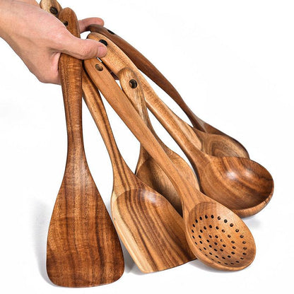 Ensemble d'ustensiles de cuisine en cuillère en bois de teck naturel écologique et durable