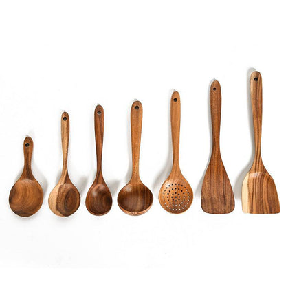 ensemble d'ustensiles de cuisine en cuillère en bois naturel en teck pour cuisson et service