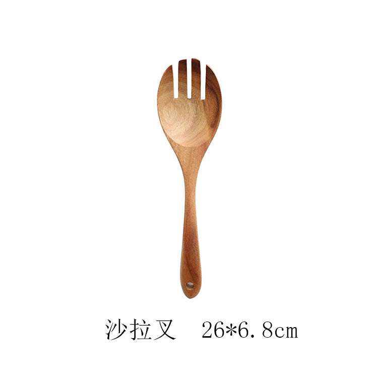 Ensemble d'ustensiles de cuisine en bois de teck naturel avec cuillère, louche et spatules.