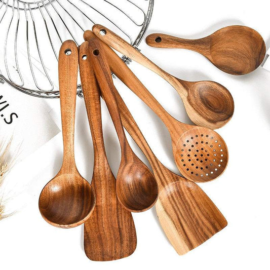 Ensemble d'ustensiles de cuisine en bois de teck naturel comprenant cuillère en bois, louche et spatules durables et écologiques